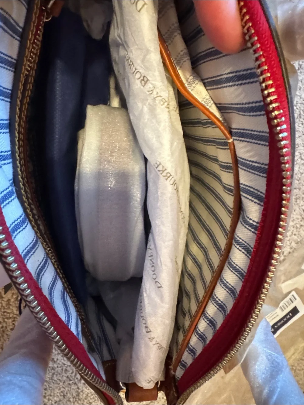 Dooney & Bourke Strawberry Dome Satchel with Brown Trim
